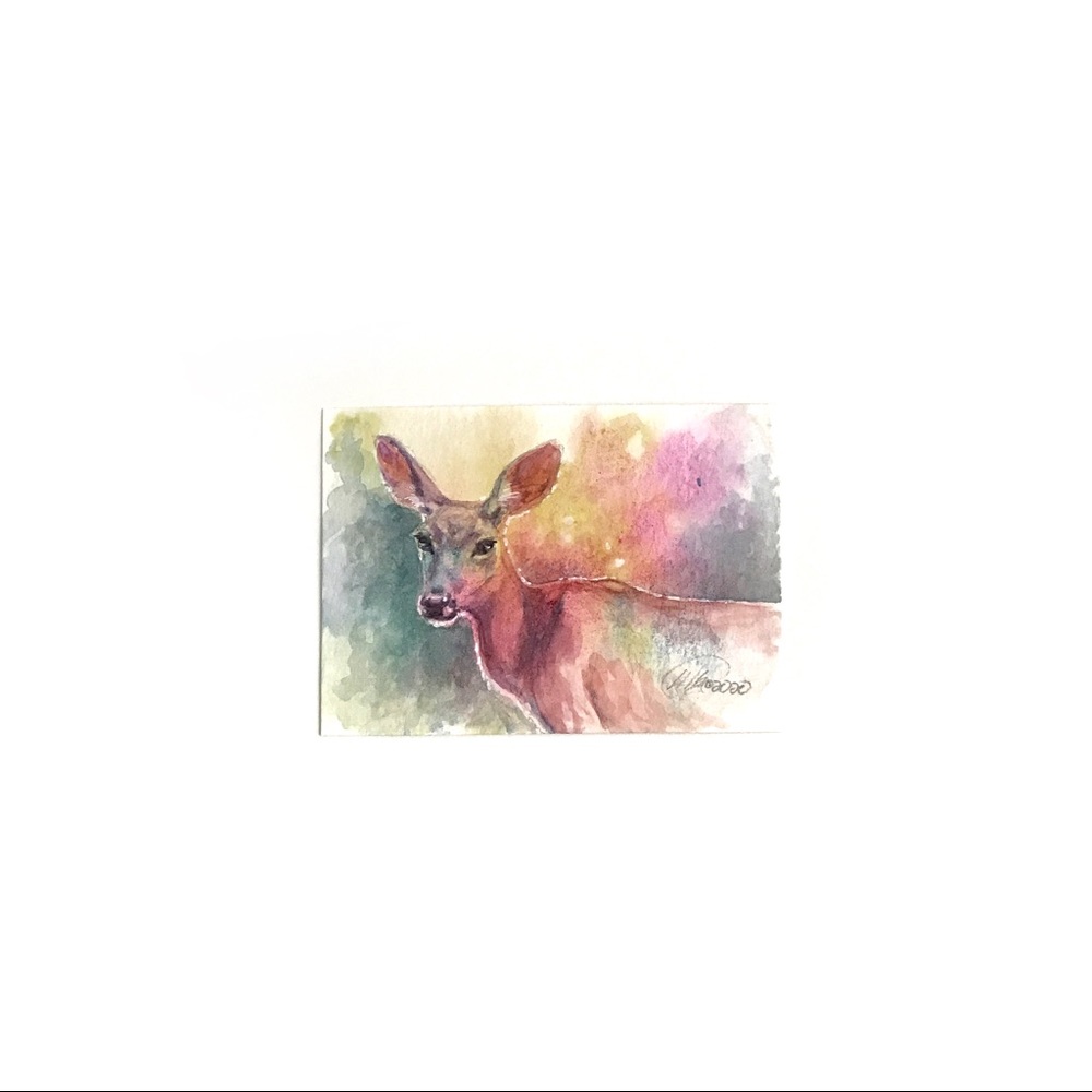 ⭕️ SOLD ACEO Original Painting deer doe wildlife - Picture 5 of 7